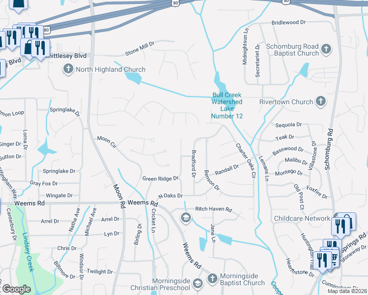 map of restaurants, bars, coffee shops, grocery stores, and more near 6725 Bradford Drive in Columbus