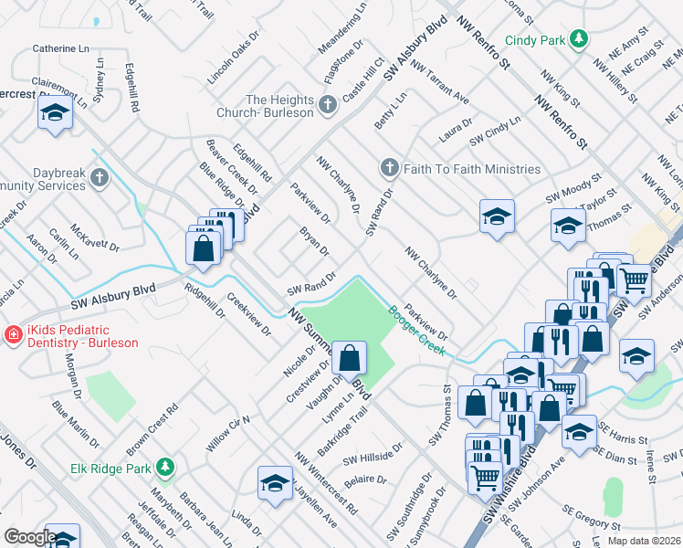map of restaurants, bars, coffee shops, grocery stores, and more near 543 Southwest Rand Drive in Burleson
