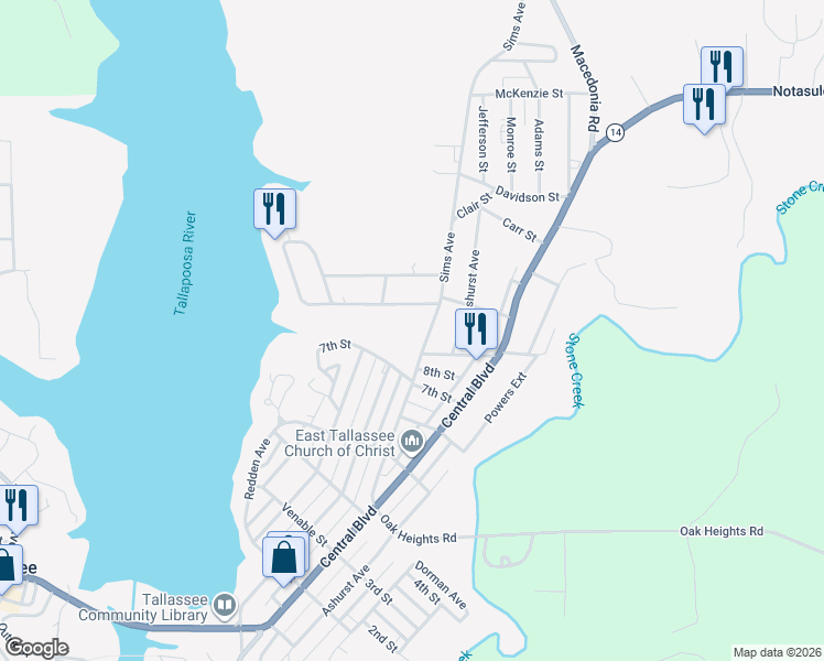map of restaurants, bars, coffee shops, grocery stores, and more near 109 Sims Ave in Tallassee