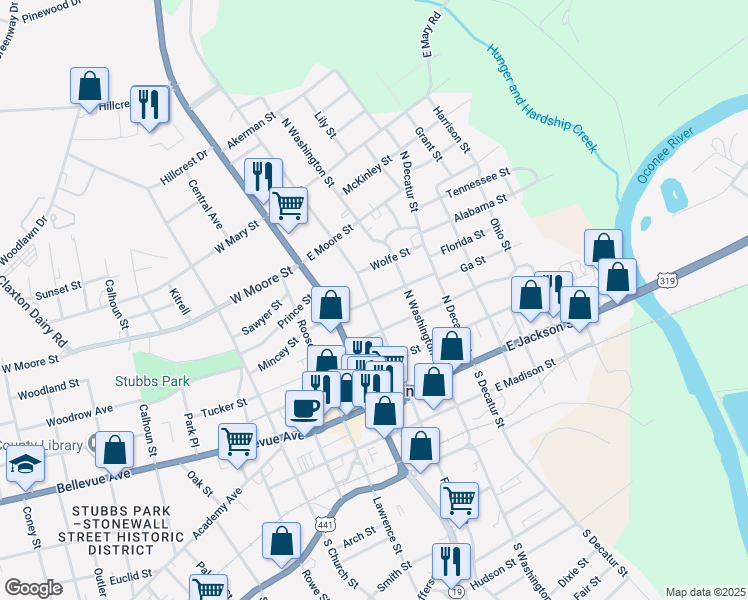 map of restaurants, bars, coffee shops, grocery stores, and more near 210 East Johnson Street in Dublin