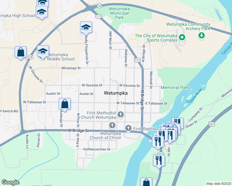 map of restaurants, bars, coffee shops, grocery stores, and more near in Wetumpka