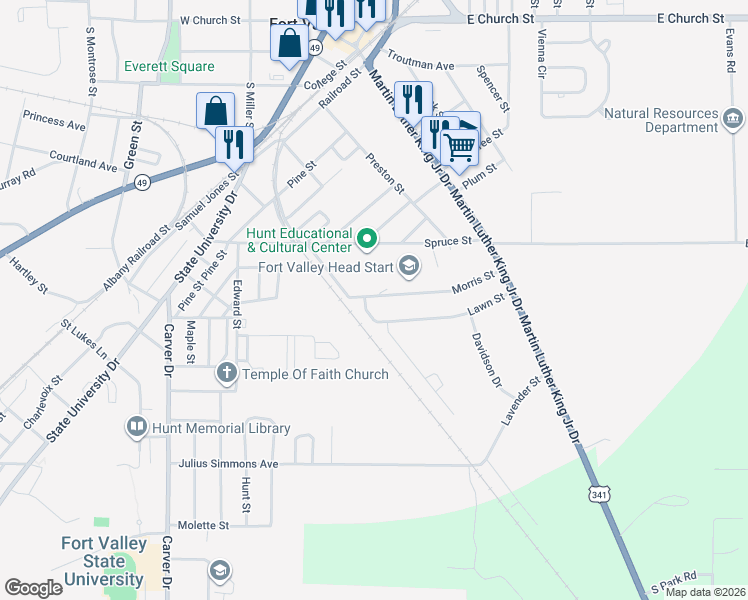 map of restaurants, bars, coffee shops, grocery stores, and more near 149 Morris Street in Fort Valley