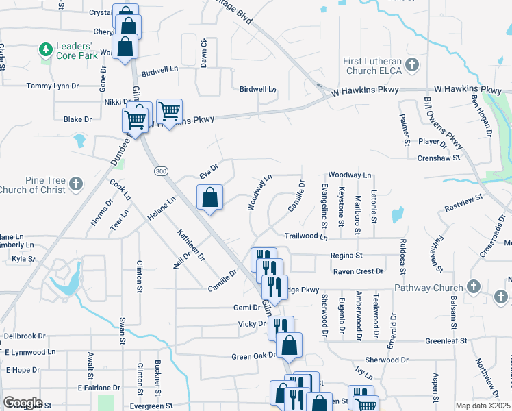 map of restaurants, bars, coffee shops, grocery stores, and more near 110 Woodway Lane in Longview