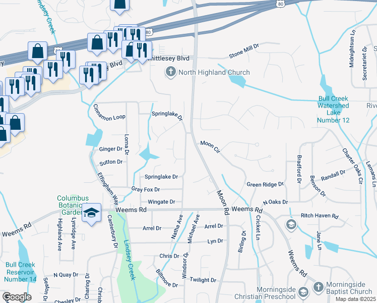 map of restaurants, bars, coffee shops, grocery stores, and more near 6722 Springlake Drive in Columbus