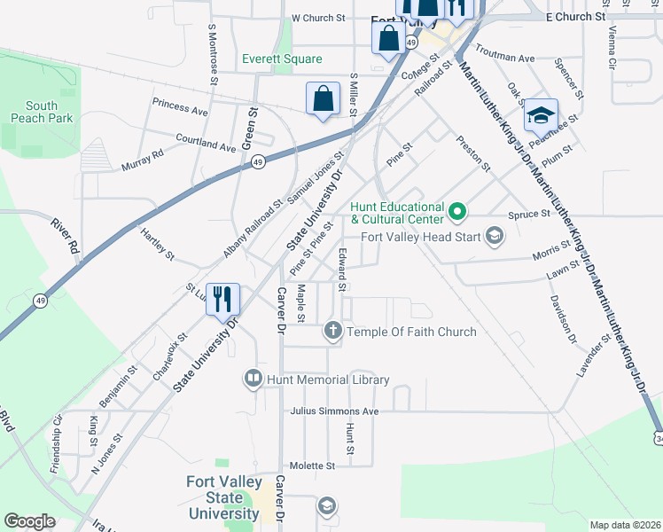 map of restaurants, bars, coffee shops, grocery stores, and more near 908 Edward Street in Fort Valley