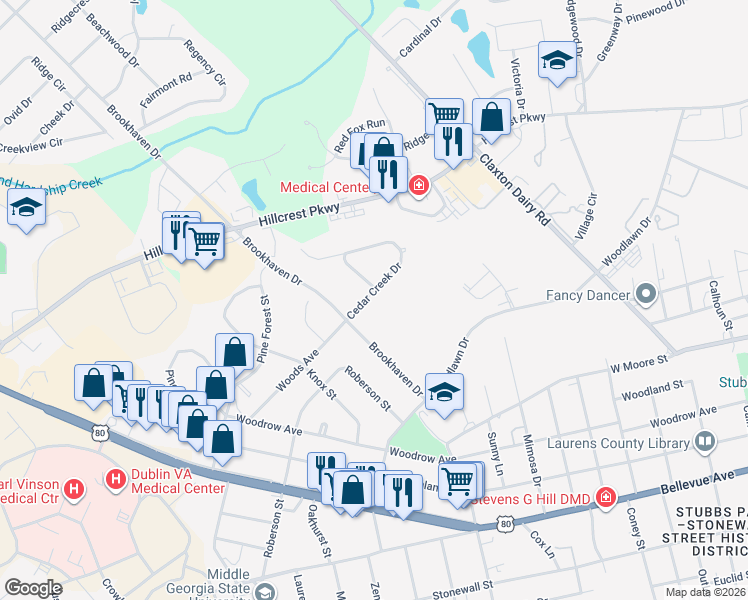 map of restaurants, bars, coffee shops, grocery stores, and more near 106 Cedar Creek Drive in Dublin