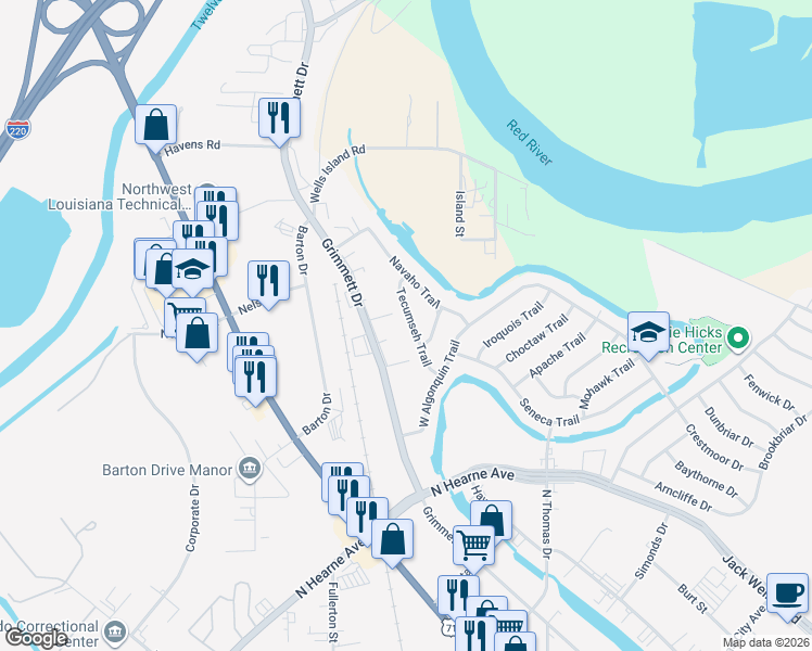 map of restaurants, bars, coffee shops, grocery stores, and more near 753 Tecumseh Trail in Shreveport