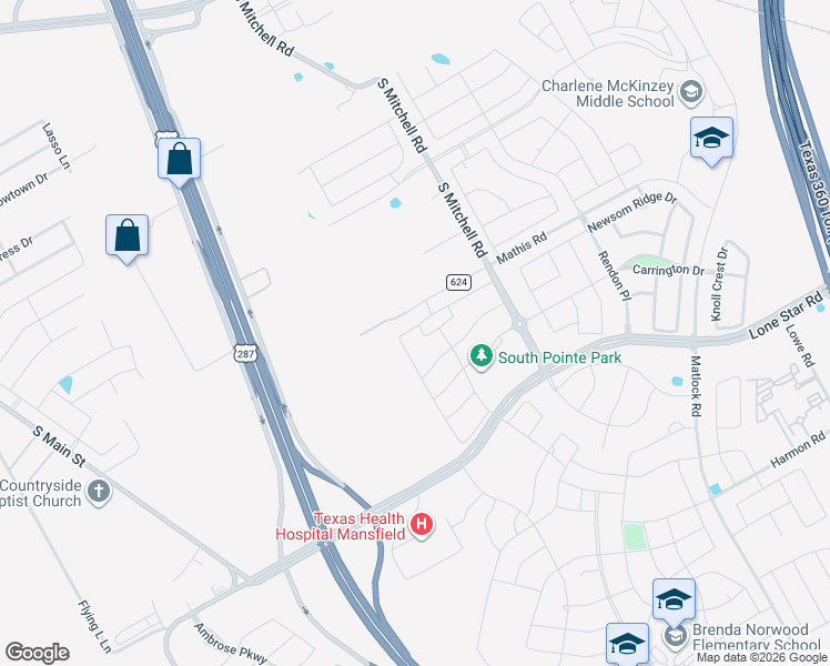 map of restaurants, bars, coffee shops, grocery stores, and more near 2413 High Bluff Drive in Mansfield