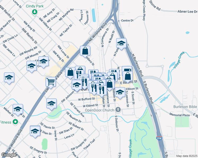 map of restaurants, bars, coffee shops, grocery stores, and more near 113 West King Street in Burleson
