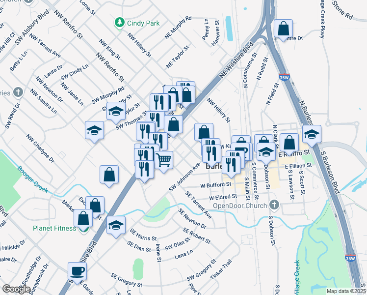map of restaurants, bars, coffee shops, grocery stores, and more near 140 Northwest Renfro Street in Burleson