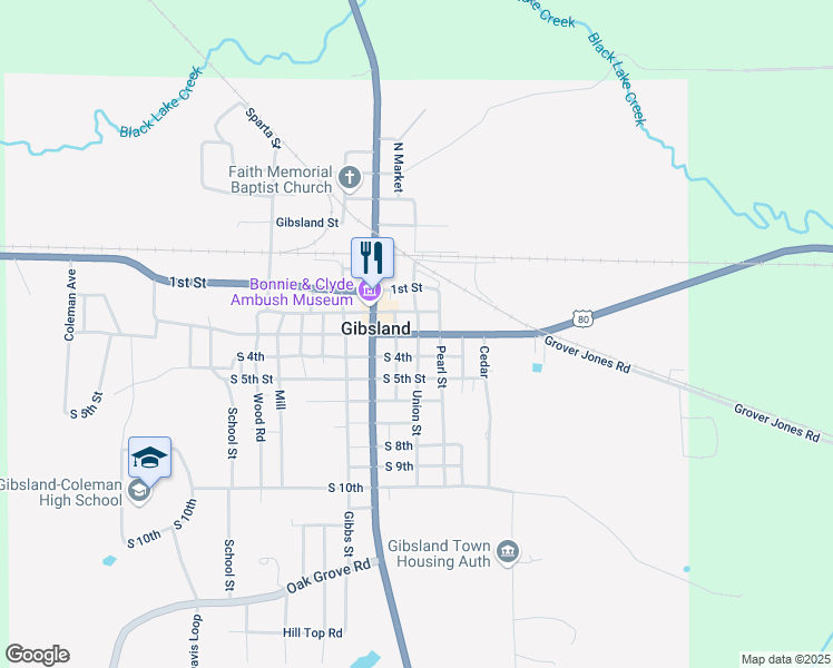 map of restaurants, bars, coffee shops, grocery stores, and more near 3rd Street in Gibsland