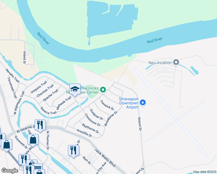 map of restaurants, bars, coffee shops, grocery stores, and more near 118 Mayfair Drive in Shreveport