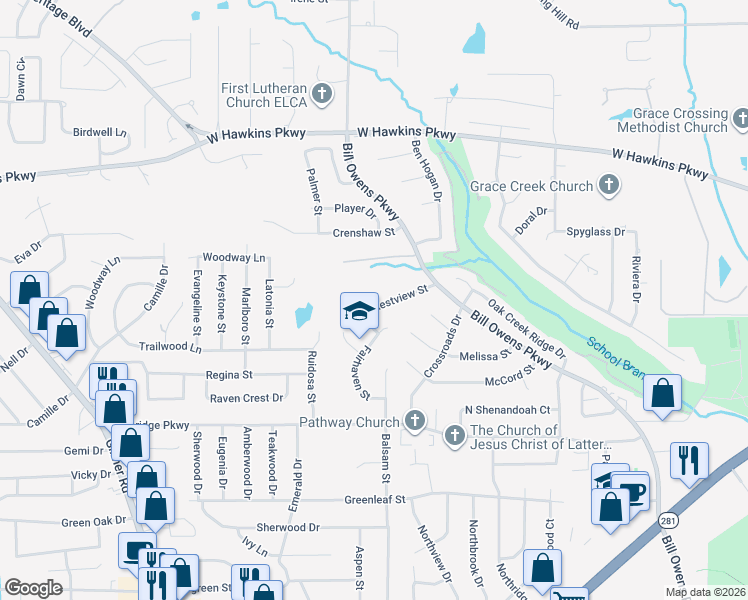 map of restaurants, bars, coffee shops, grocery stores, and more near 3211 Restview Street in Longview