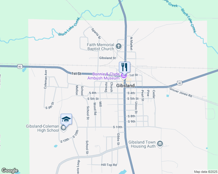 map of restaurants, bars, coffee shops, grocery stores, and more near 3rd Street in Gibsland