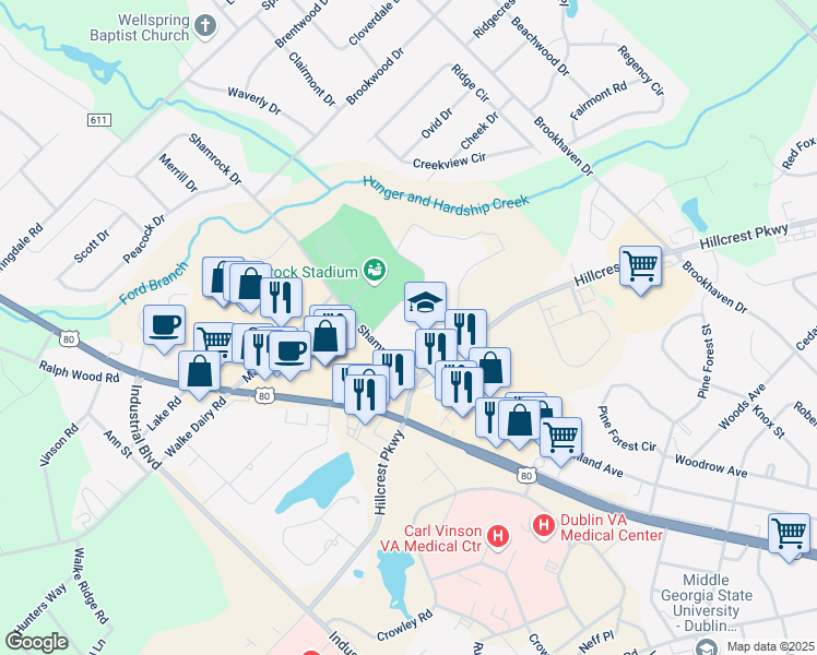 map of restaurants, bars, coffee shops, grocery stores, and more near 1951 Hillcrest Parkway in Dublin