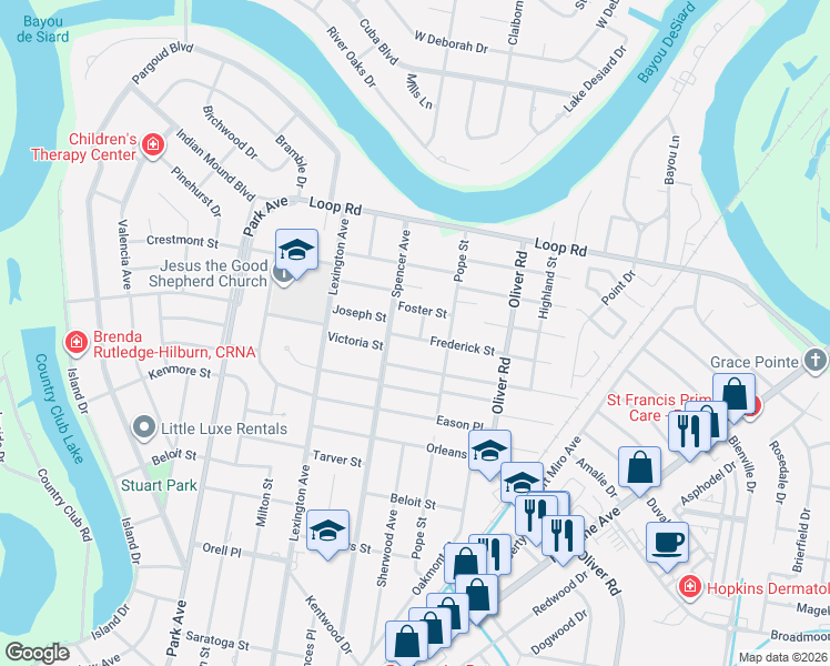 map of restaurants, bars, coffee shops, grocery stores, and more near 2301 Kirk Street in Monroe