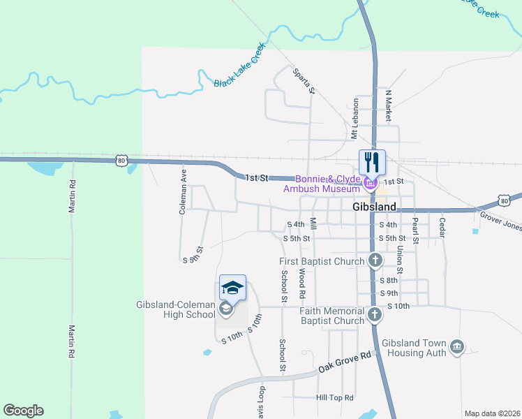 map of restaurants, bars, coffee shops, grocery stores, and more near 610 South 3rd in Gibsland