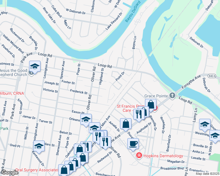 map of restaurants, bars, coffee shops, grocery stores, and more near 2794 Point Dr in Monroe