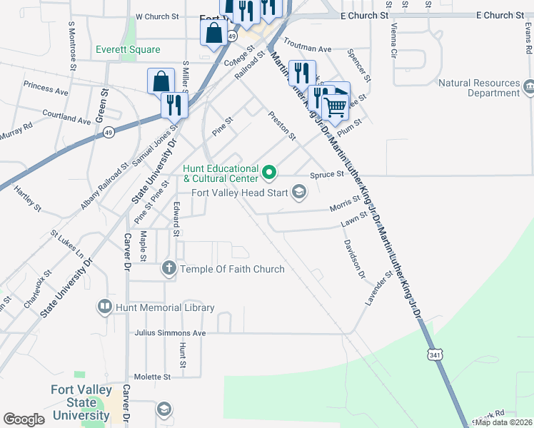 map of restaurants, bars, coffee shops, grocery stores, and more near 201 Morris Street in Fort Valley