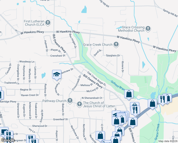 map of restaurants, bars, coffee shops, grocery stores, and more near 26 Oak Creek Ridge Drive in Longview