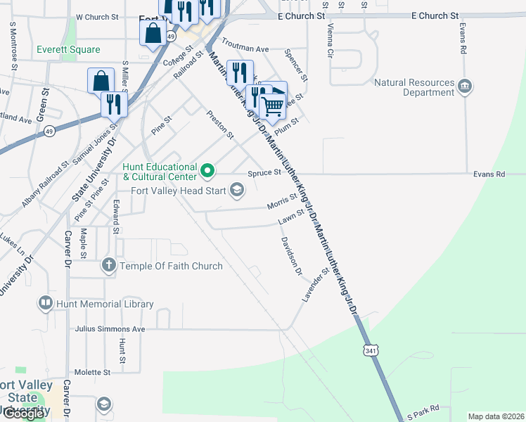 map of restaurants, bars, coffee shops, grocery stores, and more near 123 Morris Street in Fort Valley
