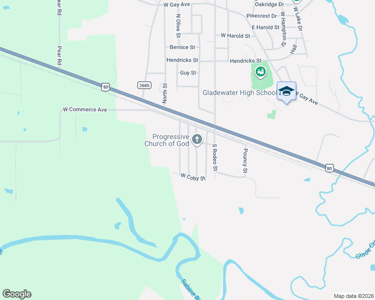 map of restaurants, bars, coffee shops, grocery stores, and more near 202 Mable Street in Gladewater
