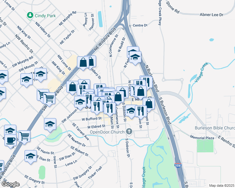 map of restaurants, bars, coffee shops, grocery stores, and more near 120 North Commerce Street in Burleson