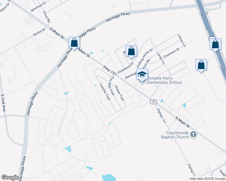 map of restaurants, bars, coffee shops, grocery stores, and more near 1305 Fox Glen Trail in Mansfield