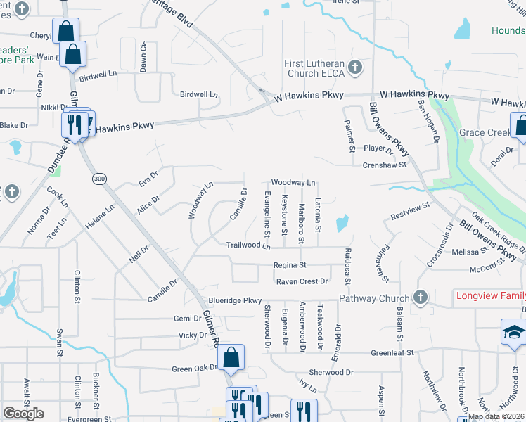 map of restaurants, bars, coffee shops, grocery stores, and more near 3013 Evangeline Street in Longview
