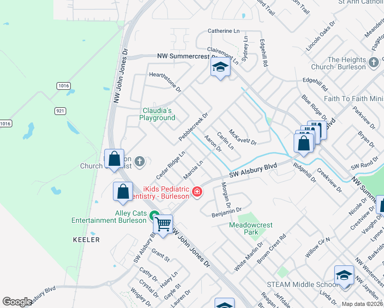 map of restaurants, bars, coffee shops, grocery stores, and more near 1016 Micah Road in Burleson