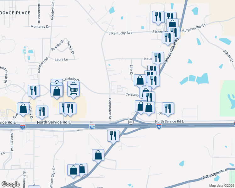 map of restaurants, bars, coffee shops, grocery stores, and more near Celebrity Drive in Ruston