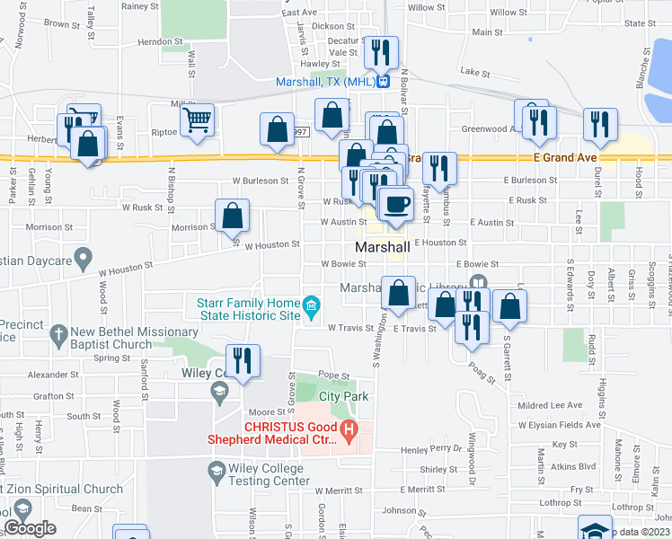 map of restaurants, bars, coffee shops, grocery stores, and more near 201 South Franklin Street in Marshall