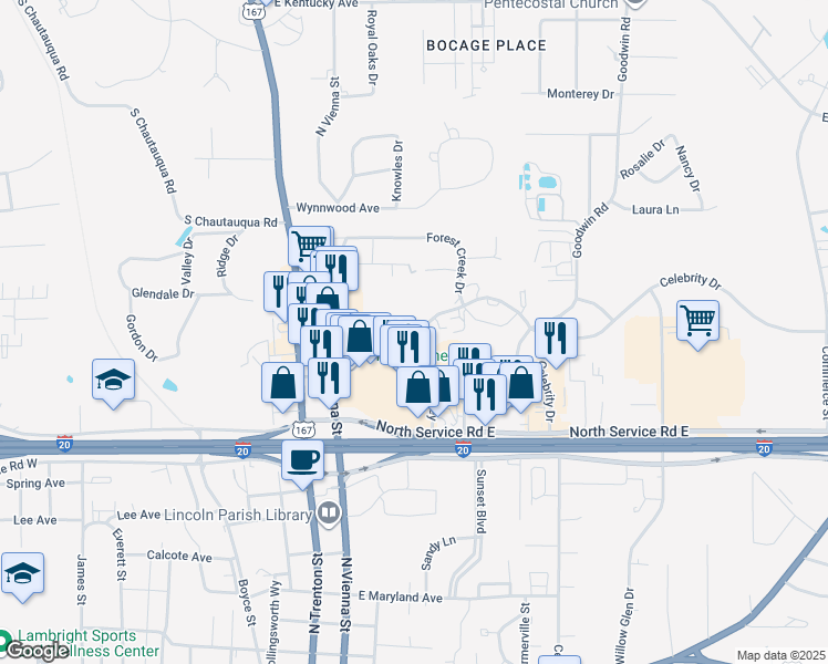 map of restaurants, bars, coffee shops, grocery stores, and more near 301 East Reynolds Drive in Ruston