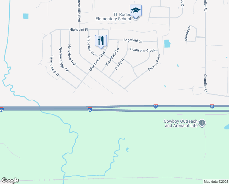 map of restaurants, bars, coffee shops, grocery stores, and more near 2027 Honeytree Trail Circle in Haughton