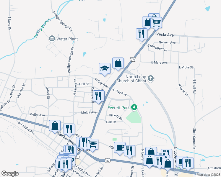 map of restaurants, bars, coffee shops, grocery stores, and more near 100 West Gay Avenue in Gladewater