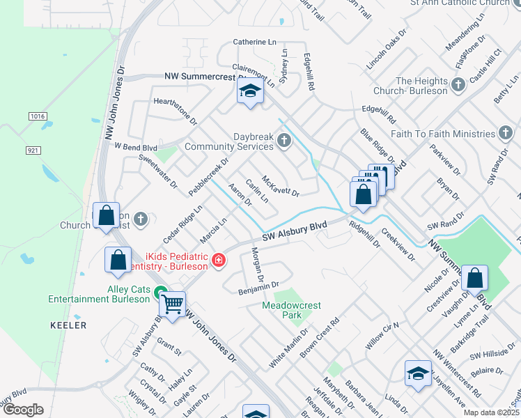 map of restaurants, bars, coffee shops, grocery stores, and more near 942 Aaron Dr in Burleson