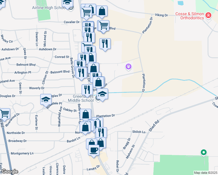 map of restaurants, bars, coffee shops, grocery stores, and more near 2890 Douglas Drive in Bossier City