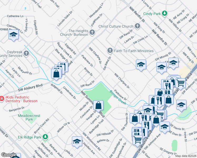 map of restaurants, bars, coffee shops, grocery stores, and more near 543 Southwest Rand Drive in Burleson