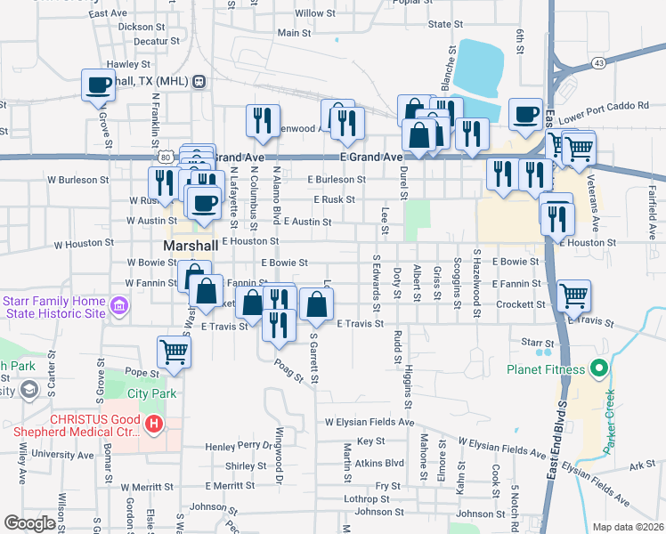 map of restaurants, bars, coffee shops, grocery stores, and more near 702 East Bowie Street in Marshall