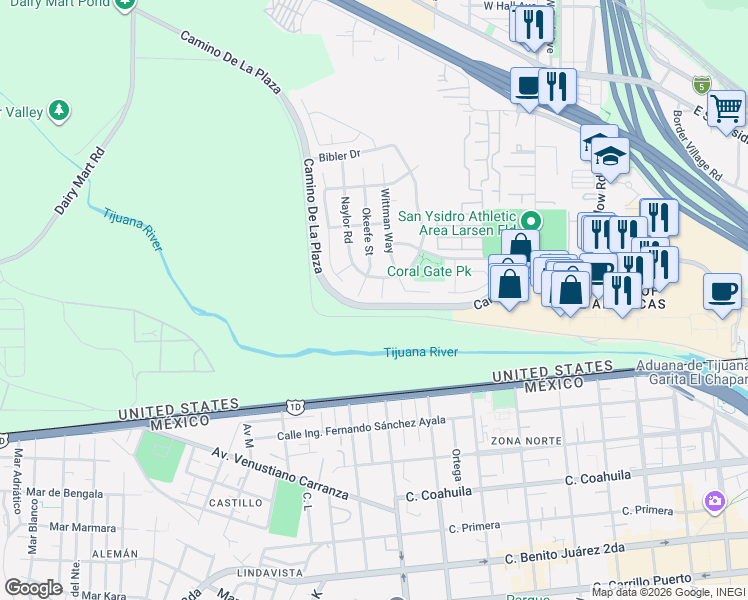 map of restaurants, bars, coffee shops, grocery stores, and more near 3327 Okeefe Street in San Diego