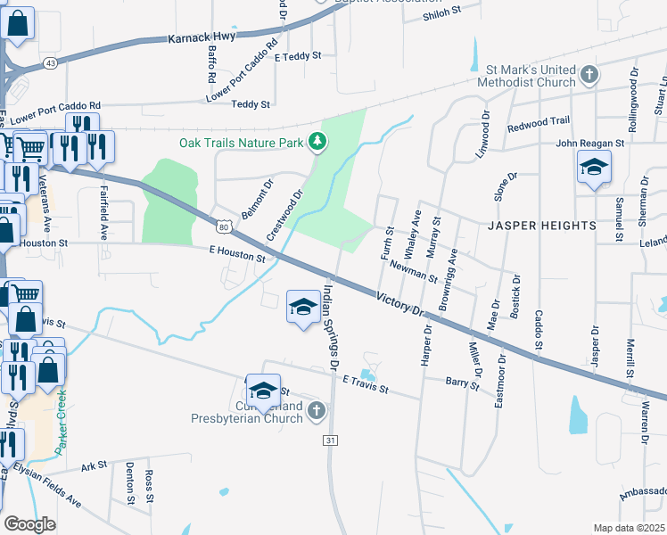 map of restaurants, bars, coffee shops, grocery stores, and more near Indian Springs Dr in Marshall