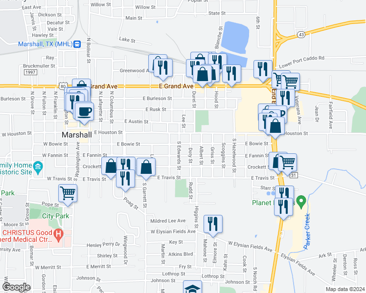 map of restaurants, bars, coffee shops, grocery stores, and more near 1102 East Bowie Street in Marshall
