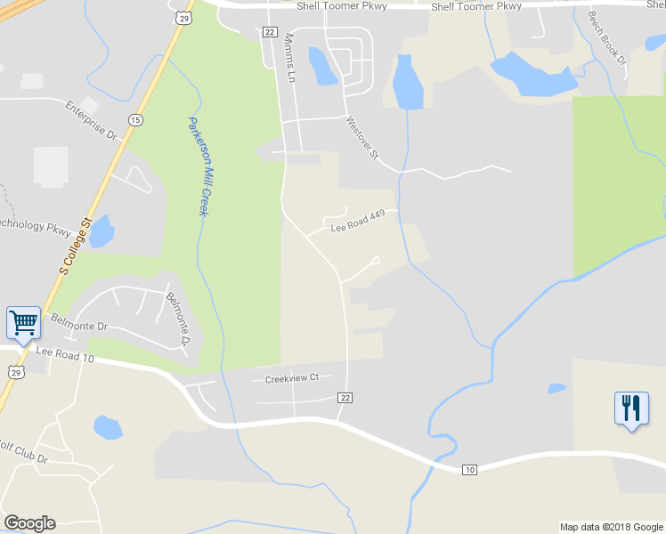 map of restaurants, bars, coffee shops, grocery stores, and more near Mill Creek Road in Auburn