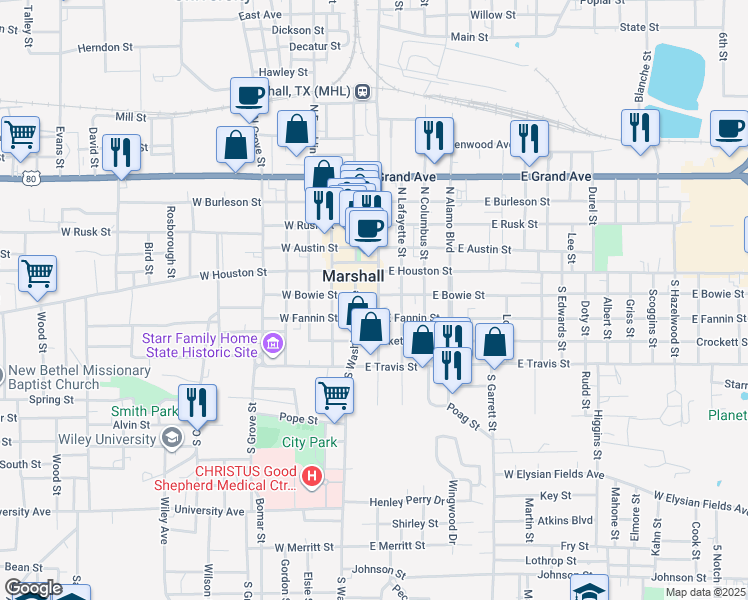 map of restaurants, bars, coffee shops, grocery stores, and more near 201 South Bolivar Street in Marshall