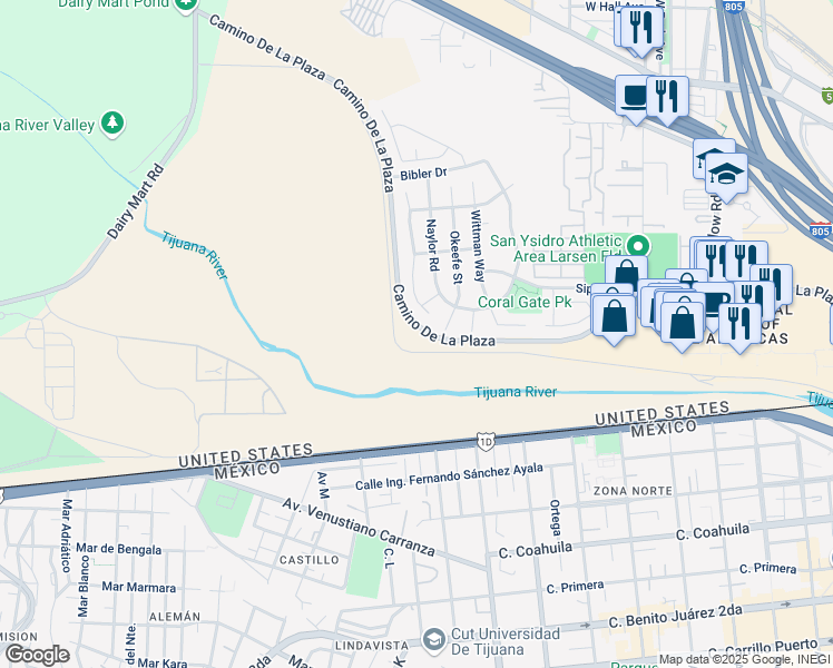 map of restaurants, bars, coffee shops, grocery stores, and more near 3699 Camino De La Plaza in San Diego
