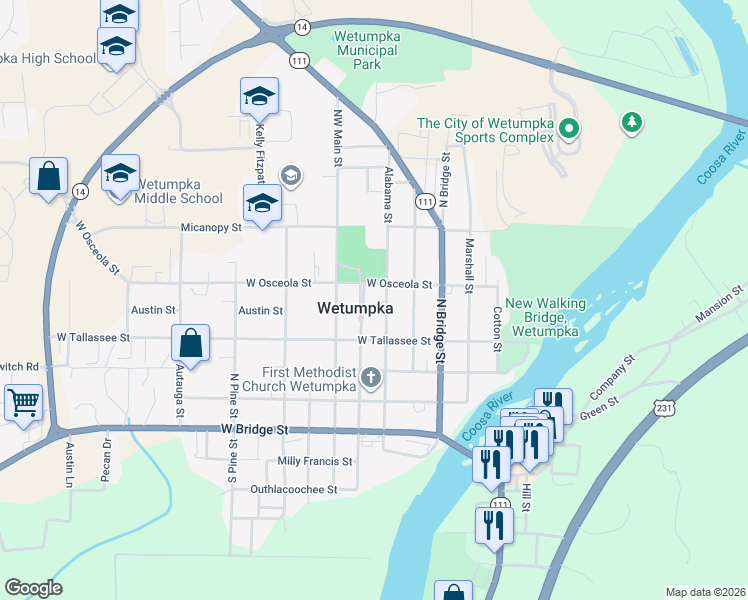 map of restaurants, bars, coffee shops, grocery stores, and more near 499 Alabama Street in Wetumpka