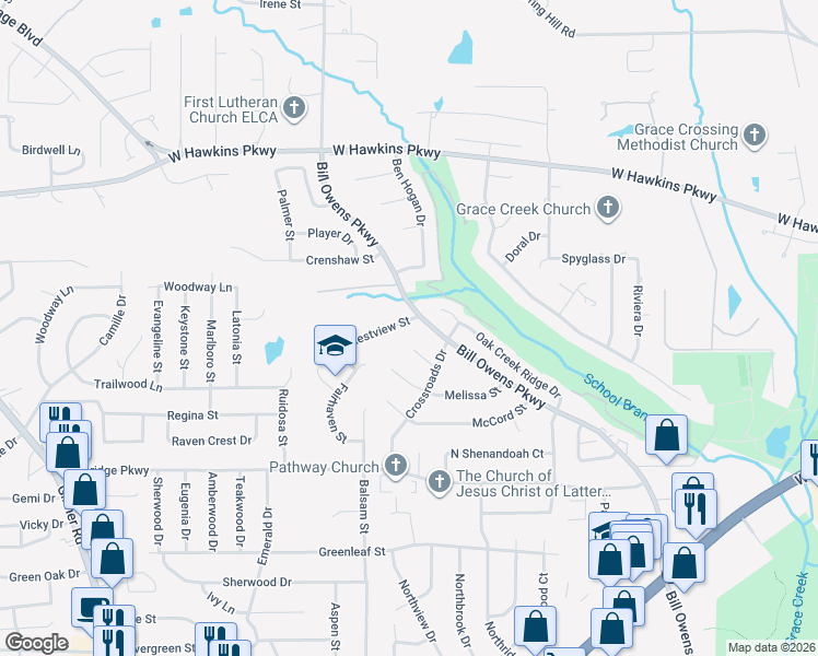 map of restaurants, bars, coffee shops, grocery stores, and more near 3224 Restview Street in Longview