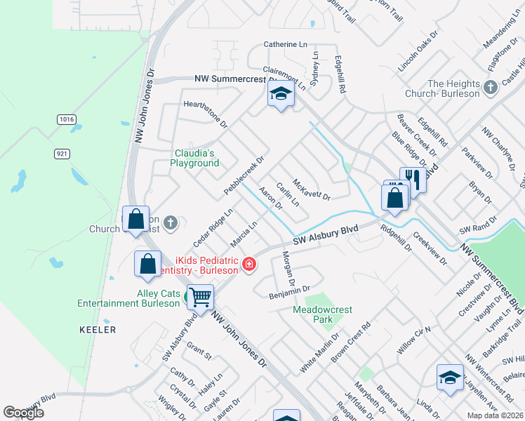 map of restaurants, bars, coffee shops, grocery stores, and more near 1000 Morgan Drive in Burleson