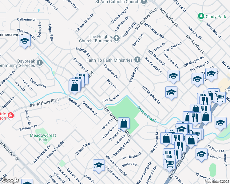map of restaurants, bars, coffee shops, grocery stores, and more near 555 Shamrock Drive in Burleson