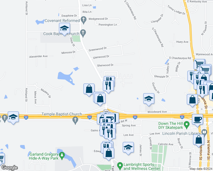map of restaurants, bars, coffee shops, grocery stores, and more near 1432 Cooktown Road in Ruston